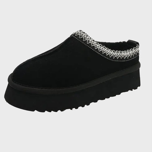 Women's Warm Plush Slip-on Platform Slippers with Stitching Design